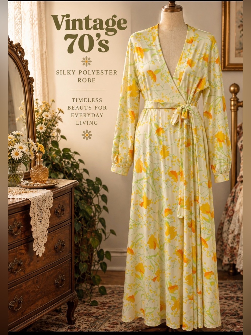 Vintage 70s - Yellow Floral Wrap Robe- small 34” bust